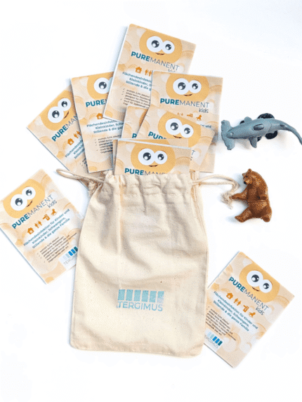 PUREMANENT Kids Sachets mit handbedrucktem Stoffbeutel und Spielfiguren