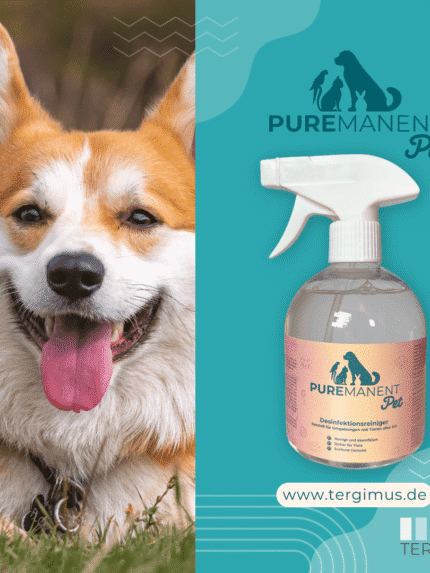 PUREMANENT Pet Desinfektionsreiniger neben einem Corgi im Gras
